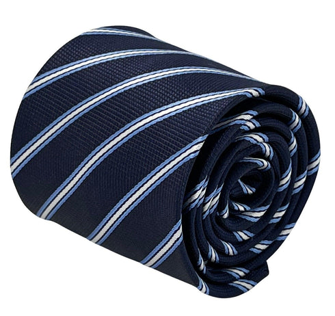 dark navy blue tie with thin light blue and white stripe